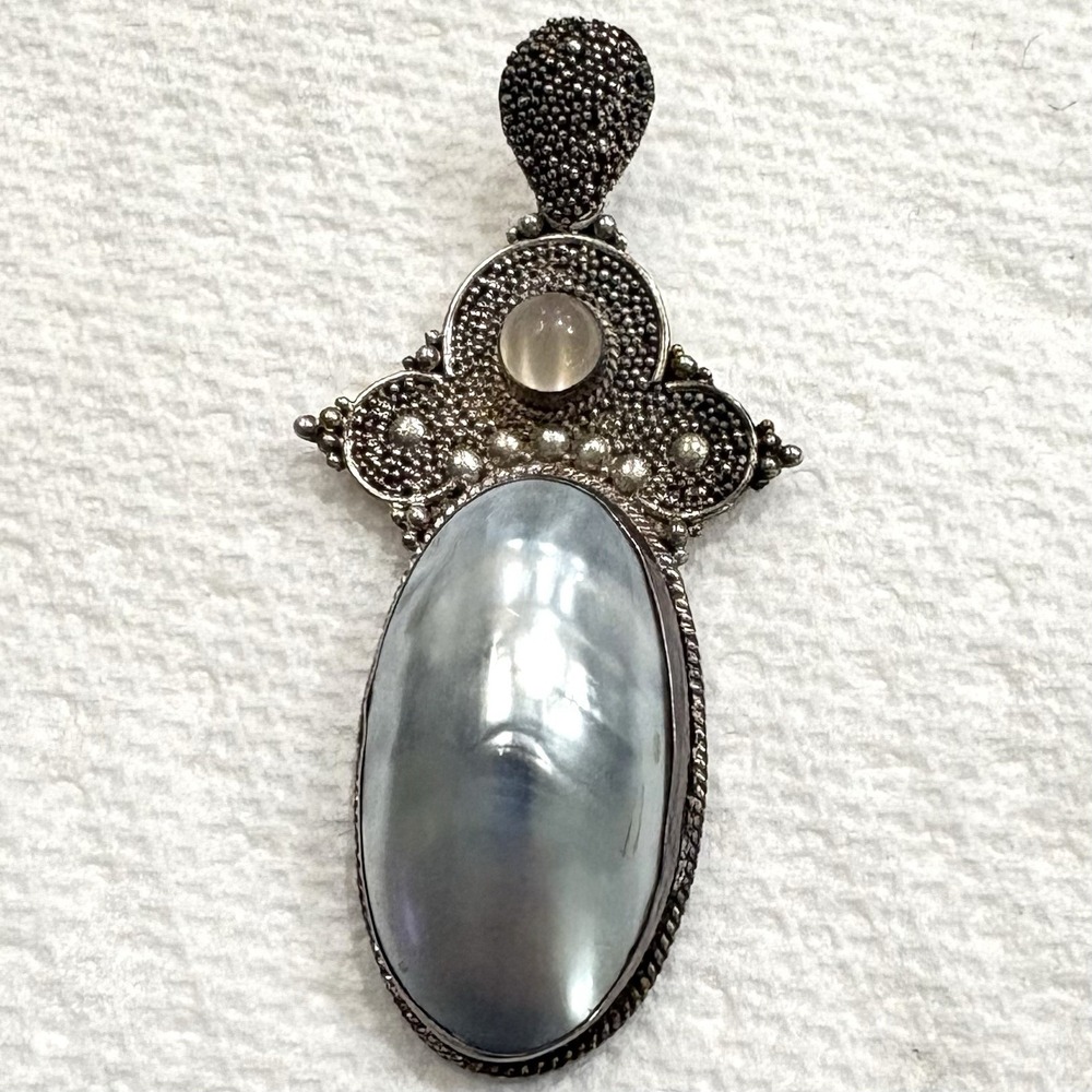Vintage Estate 925 Sterling Silver Large Mabe Pearl Blue Oval Pendant Moonstone